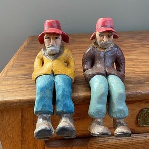 Handcrafted Wood Sitting Fishermen Figurines